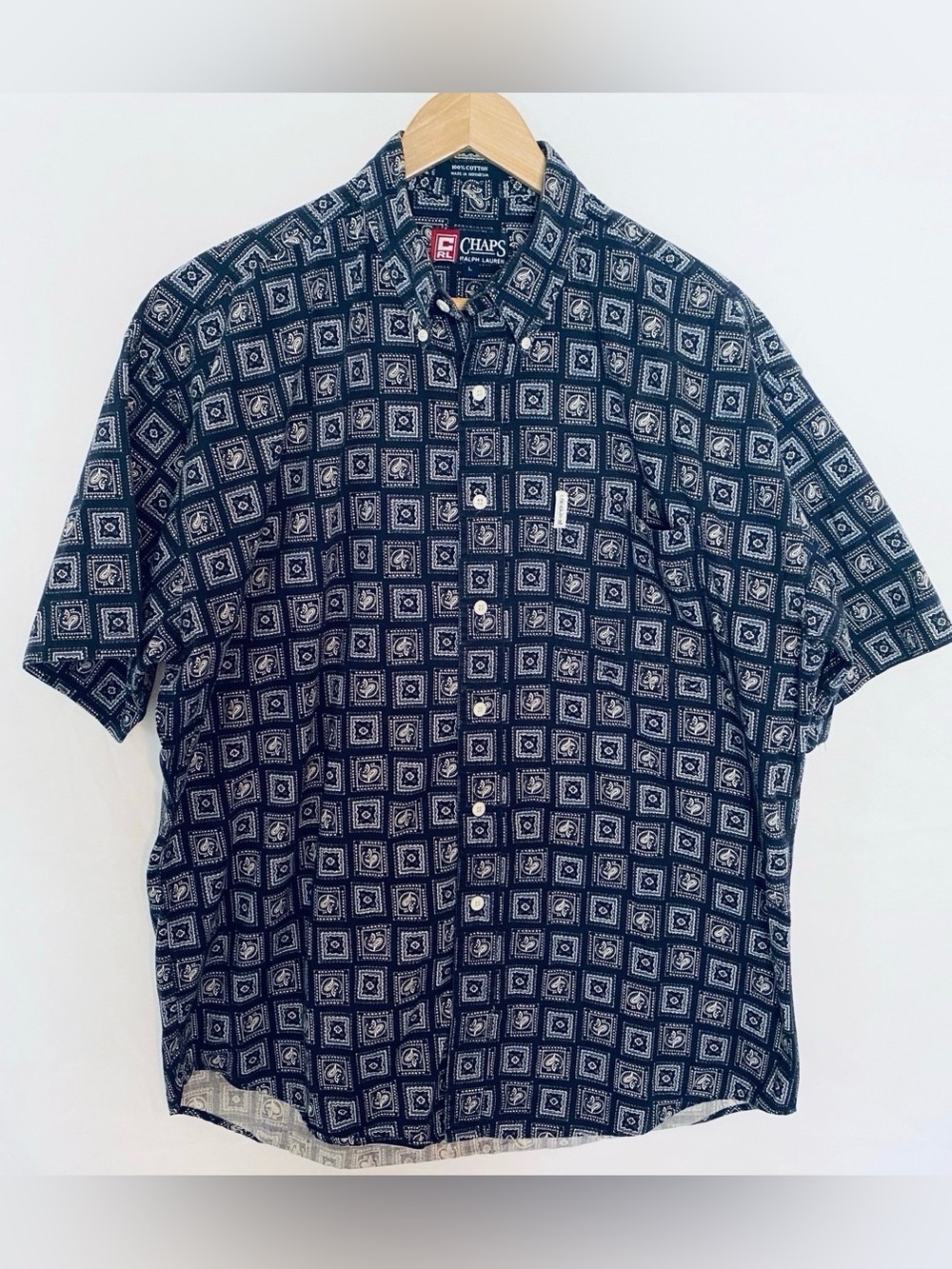 Ralph Lauren Chaps Button Down Paisley Squares Shirt Navy Blue Large EUC